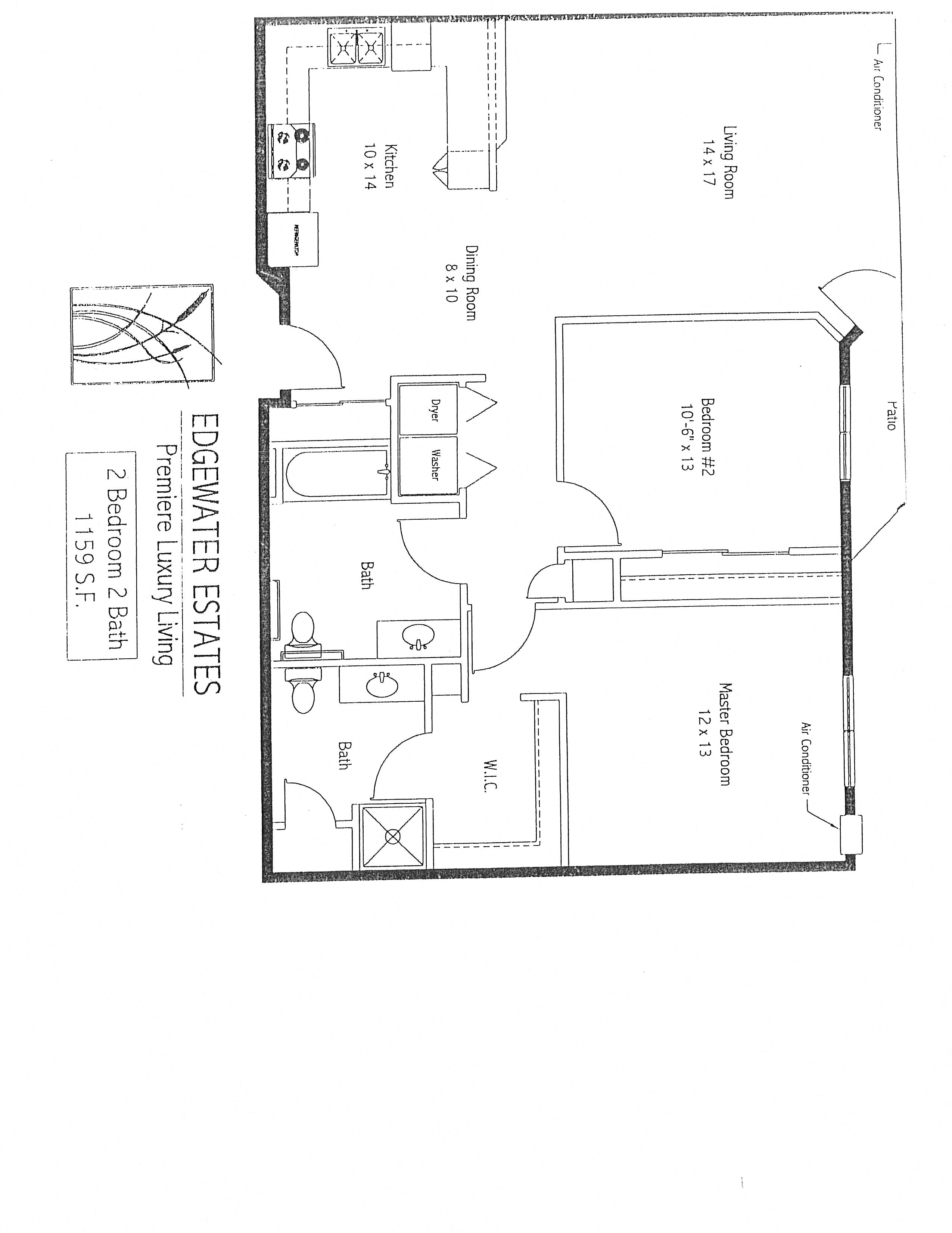 Floor plan for 2 beds, 2 baths, 1159 sqft